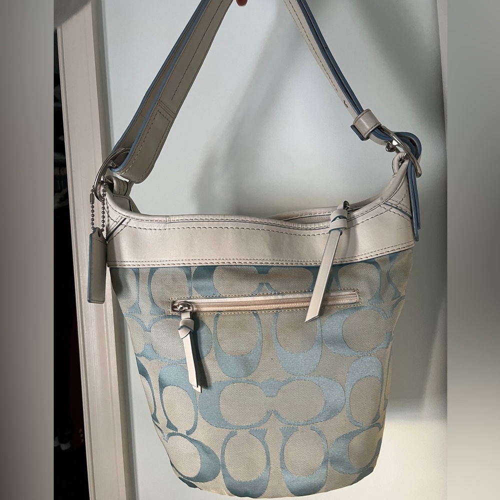 Y2K Coach Signature Blue Canvas Leather Trim Bucket Duffle Shoulder Bag
